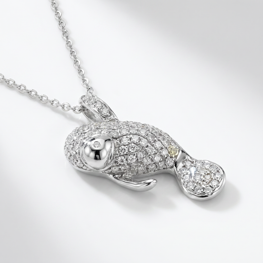 14K White Gold Diamond Waving Manatee Pendant - 0.33ctw