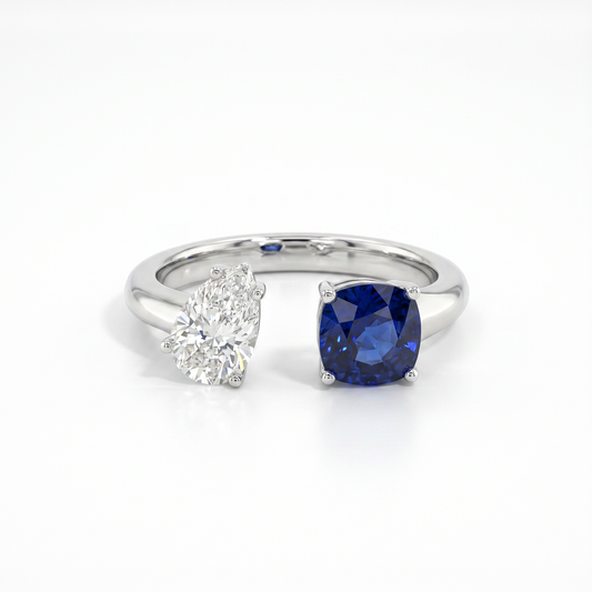 18K White Gold Sapphire Diamond Toi Et Moi Ring Size 6.5