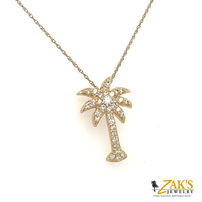 Yellow gold palm tree pendant pavé-set with round white diamonds on chain.