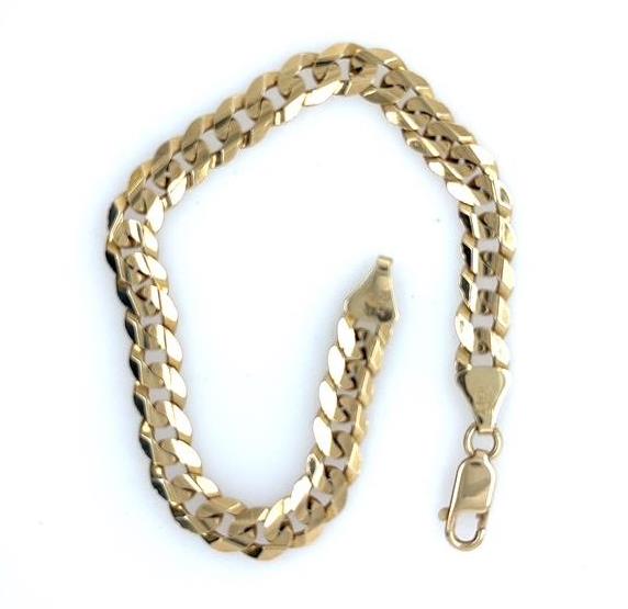 10K yellow gold concave curb link bracelet with solid links and lobster clasp.