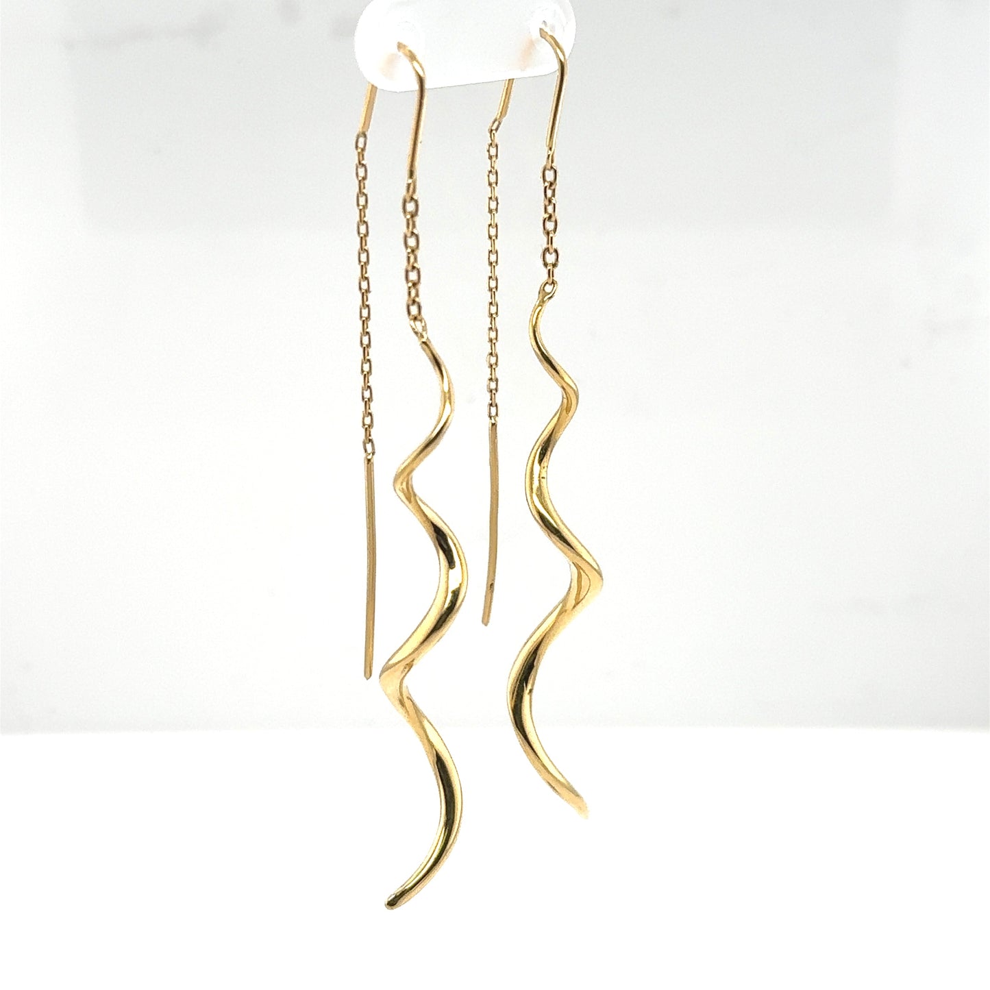 14K yellow gold threader earrings with long chains and twisted dangle drops.