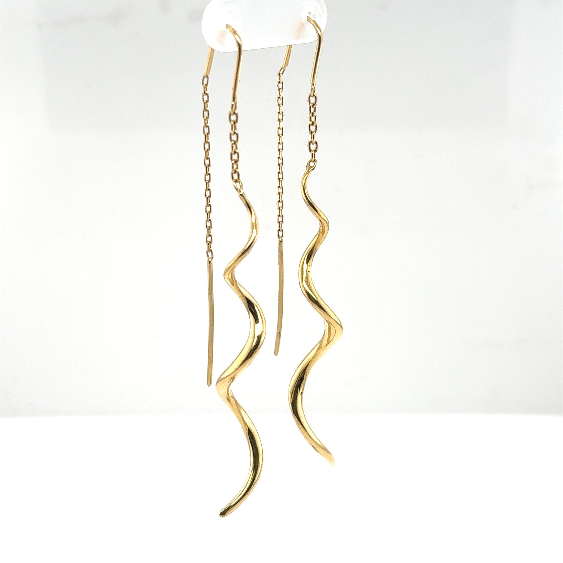 14K yellow gold threader earrings with long chains and twisted dangle drops.