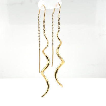 14K yellow gold threader earrings with long chains and twisted dangle drops.