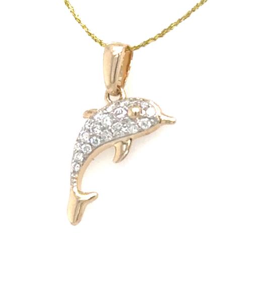 14K Yellow Gold Petite Pave Diamond Dolphin Pendant
