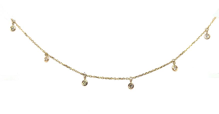 14K yellow gold cable anklet with bezel-set round diamond dangles.
