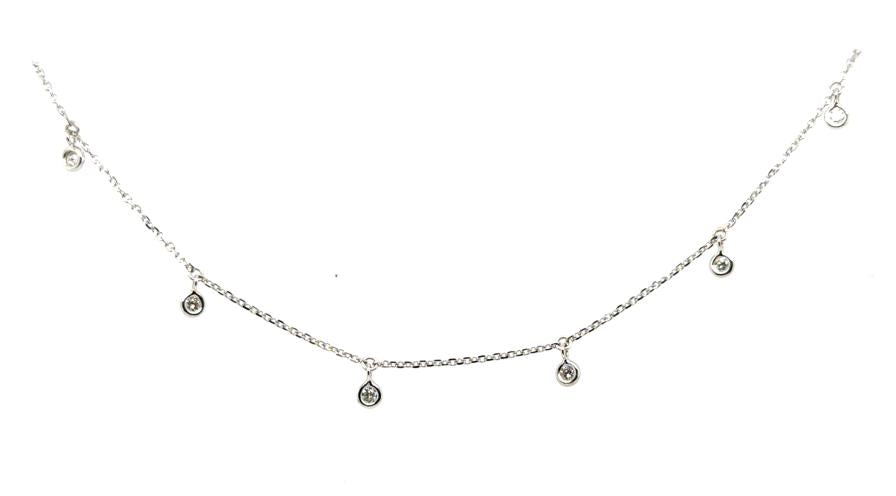 14K white gold cable anklet with bezel-set round diamond dangles.
