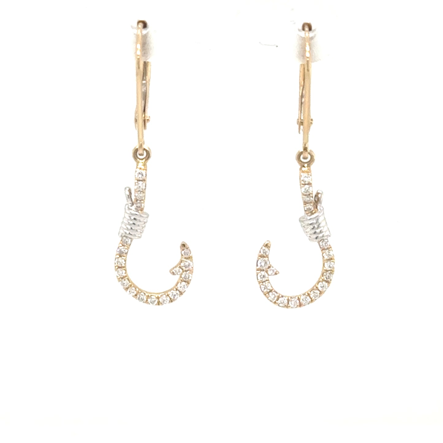 14K two-tone diamond fish hook earrings with white cable wraps and lever backs.