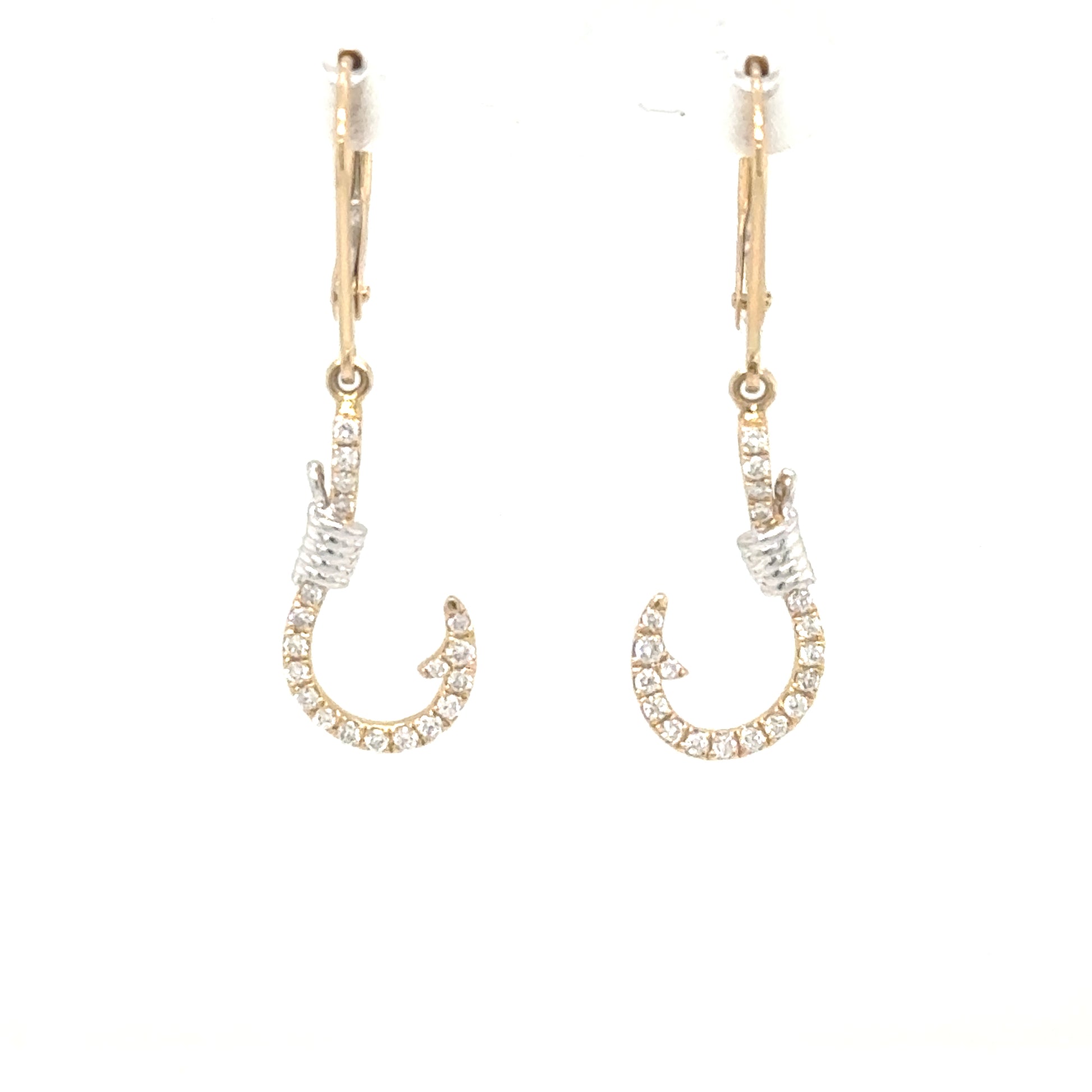 14K two-tone diamond fish hook earrings with white cable wraps and lever backs.