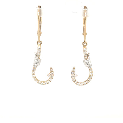 14K two-tone diamond fish hook earrings with white cable wraps and lever backs.