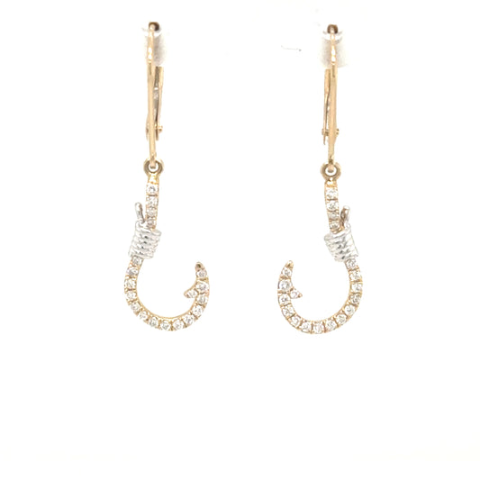14K two-tone diamond fish hook earrings with white cable wraps and lever backs.