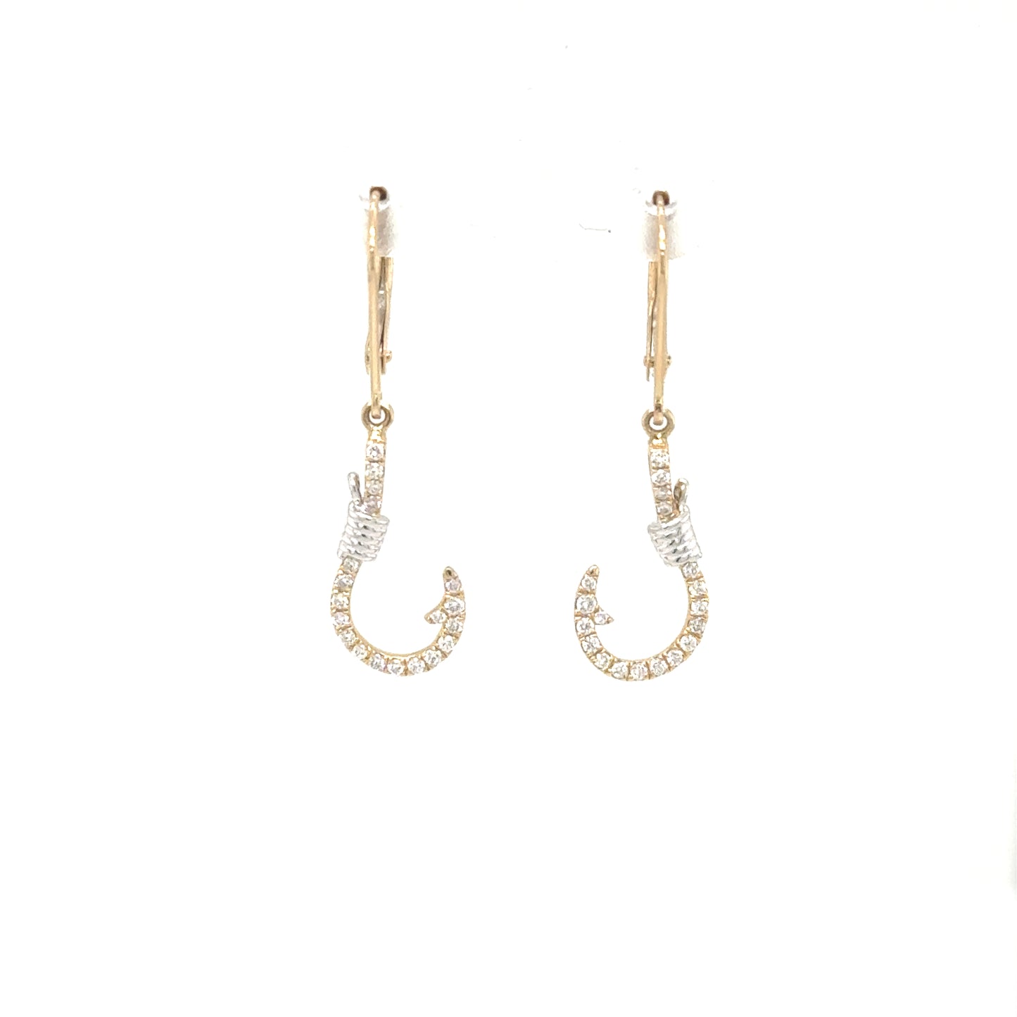 14K two-tone diamond fish-hook drop earrings with wrapped cable and lever backs.