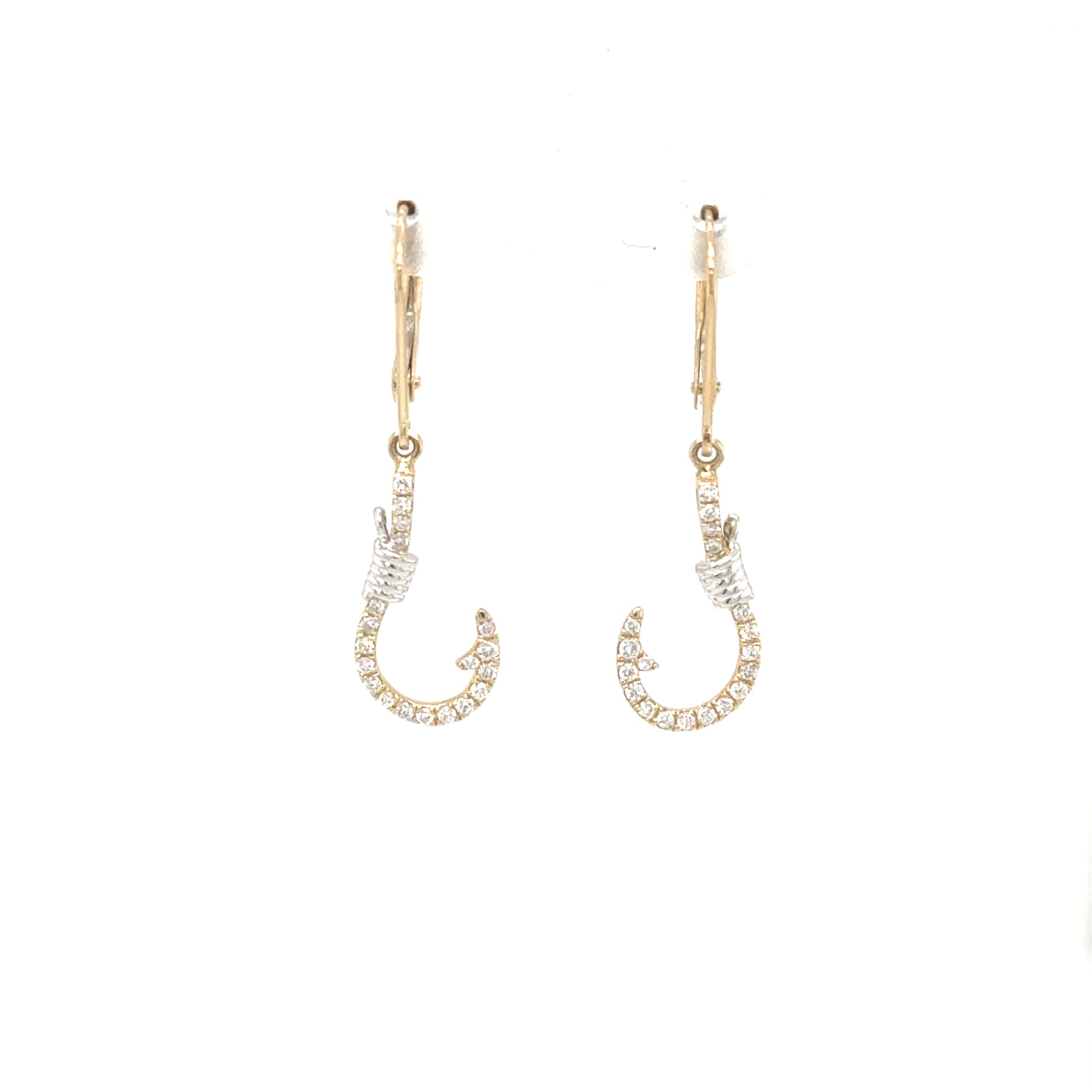 14K two-tone diamond fish-hook drop earrings with wrapped cable and lever backs.
