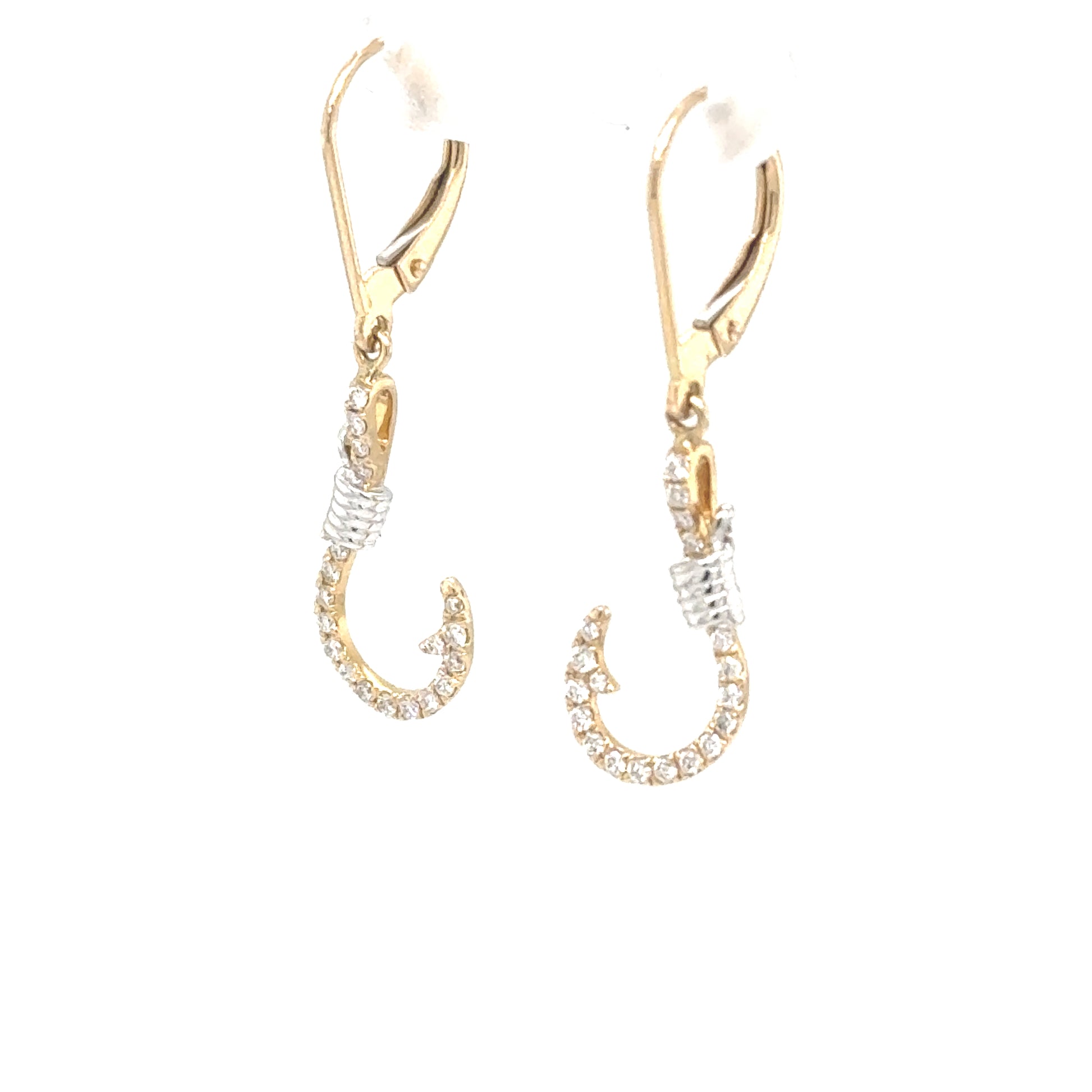 14K two-tone fish hook earrings with diamond pavé and lever-back closures.
