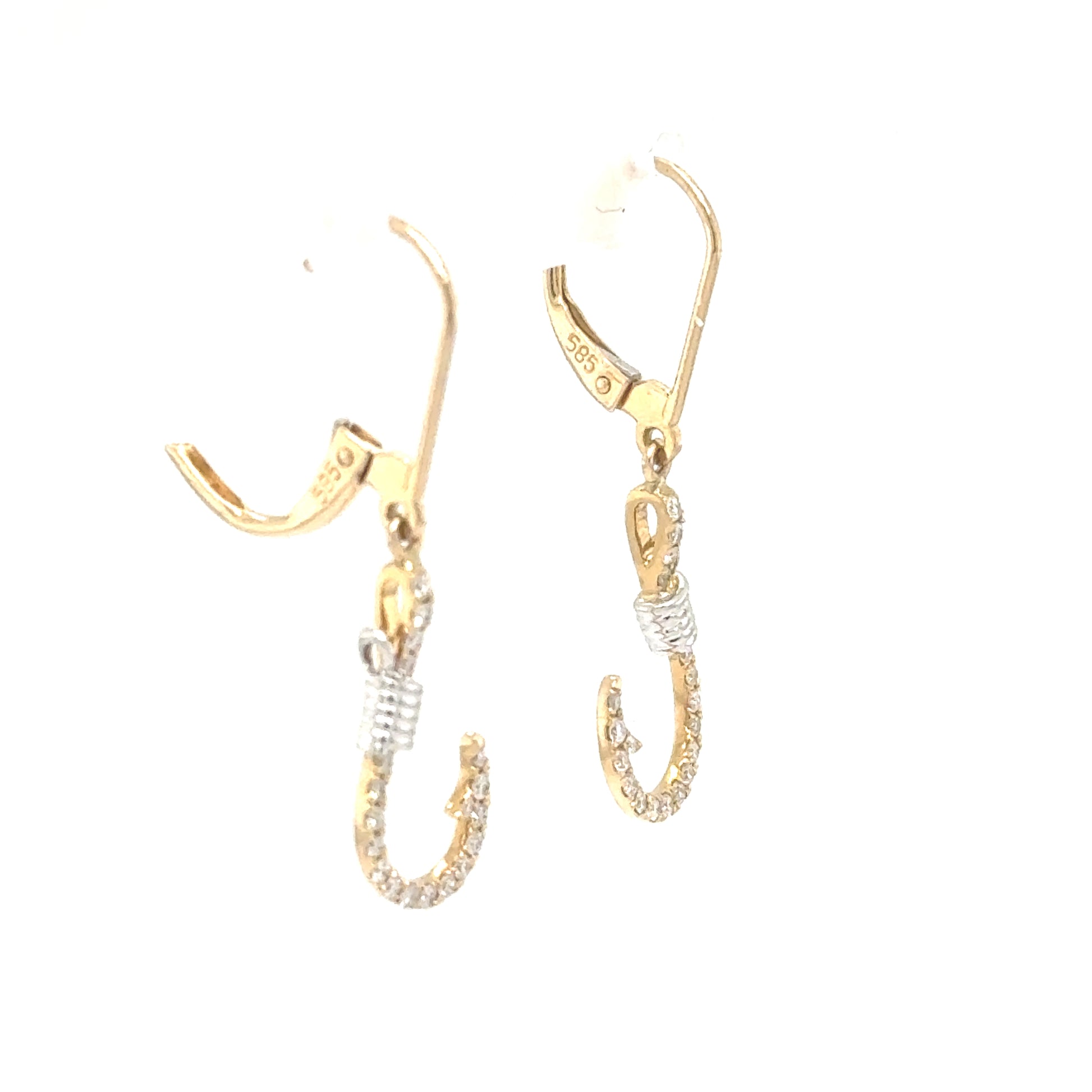 14K yellow gold fish hook earrings with pavé diamonds and white cable accents.
