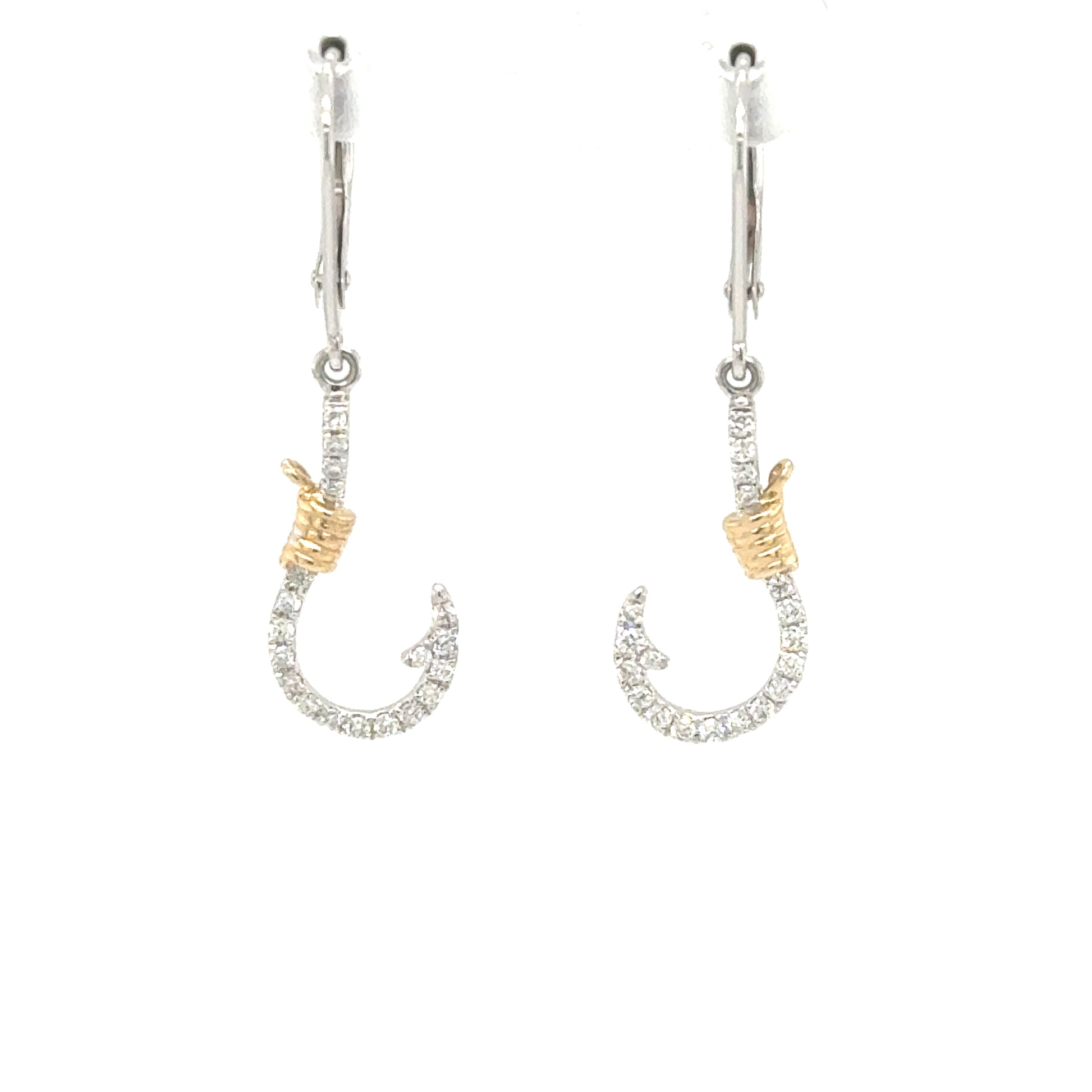 14K white gold diamond fish-hook earrings with yellow gold cable accents, lever-backs.