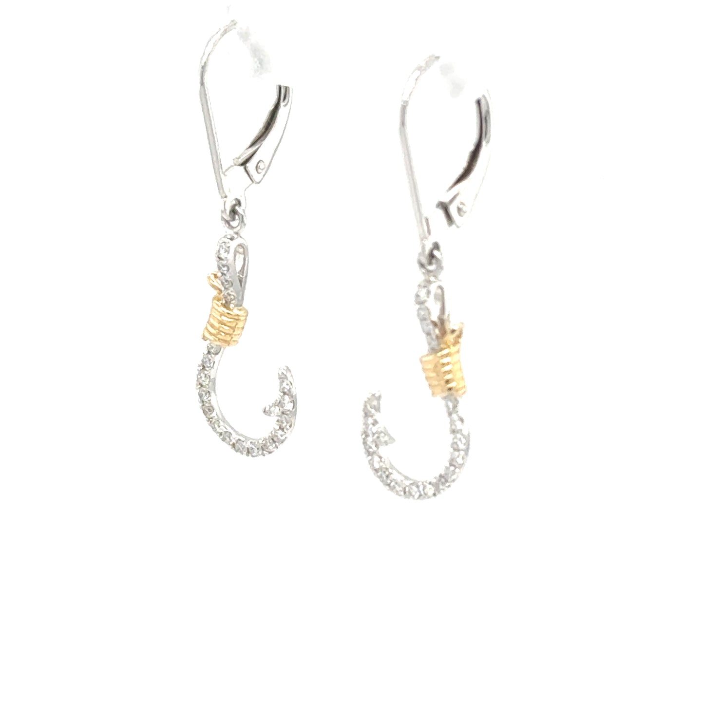 14K two-tone fish hook earrings with pavé diamonds and yellow gold wrap, lever backs.