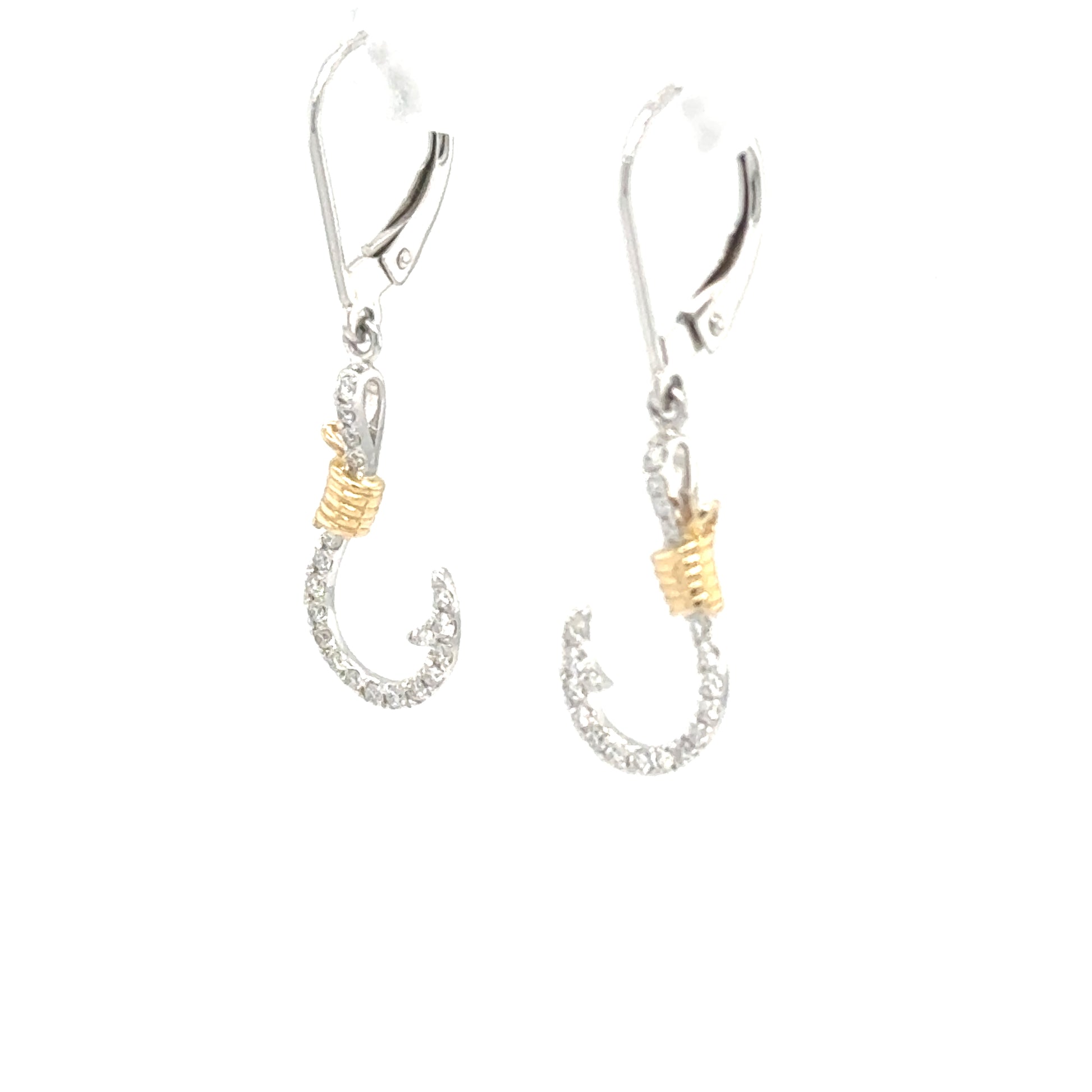 14K two-tone fish hook earrings with pavé diamonds and yellow gold wrap, lever backs.