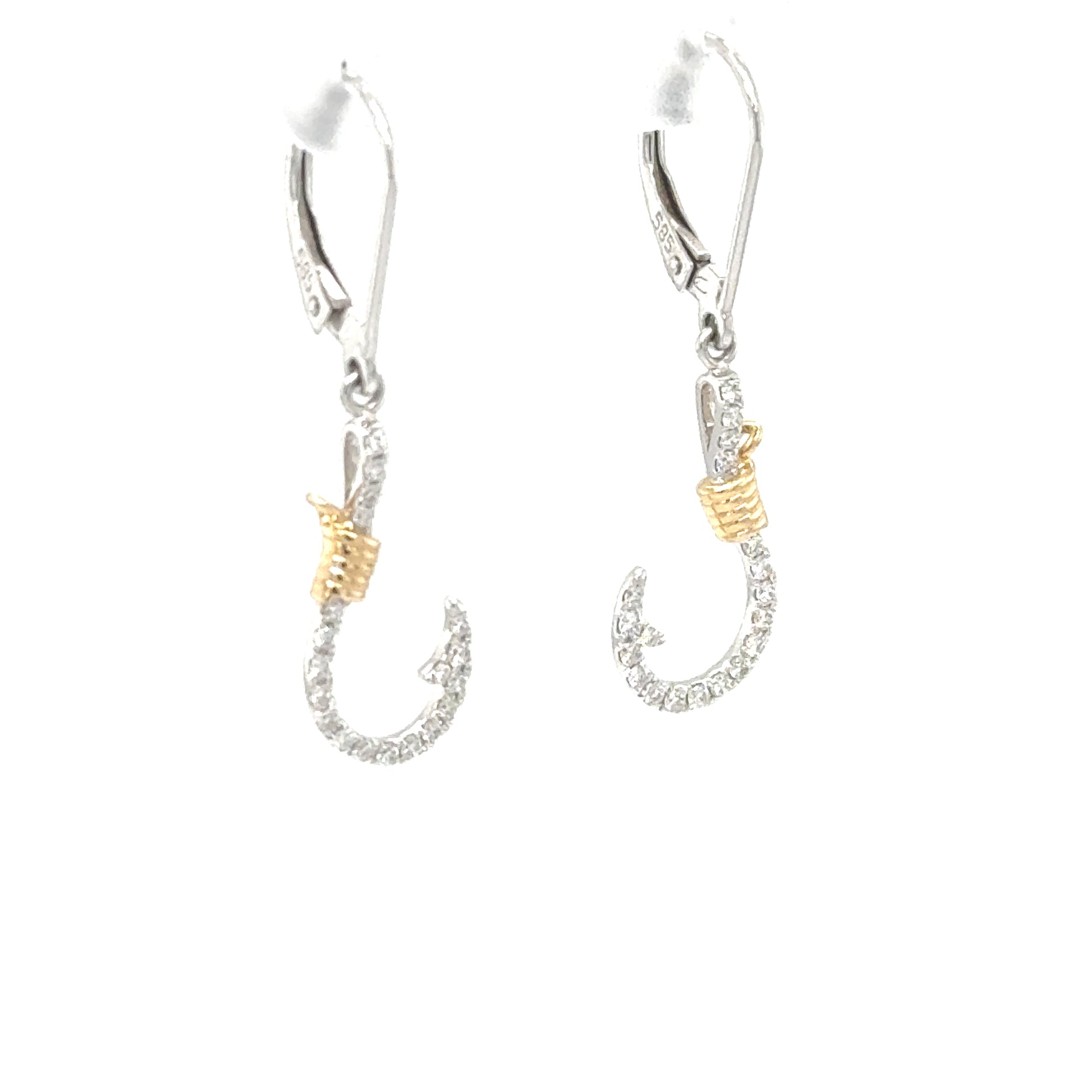 14K white gold diamond fish-hook earrings with yellow gold cable accents, lever backs.