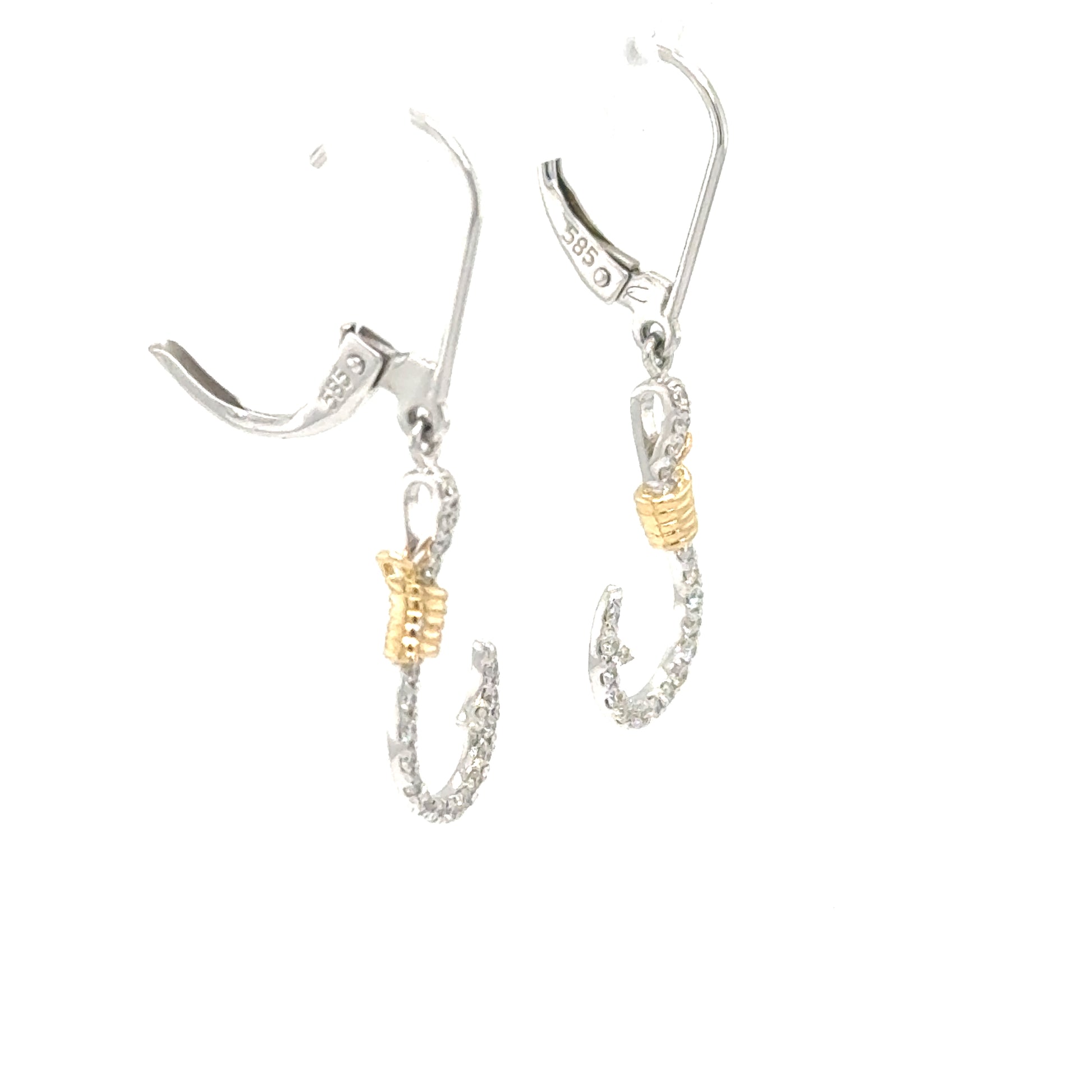 14K white gold fish-hook earrings with pavé diamonds, yellow-gold cable accents, lever backs.