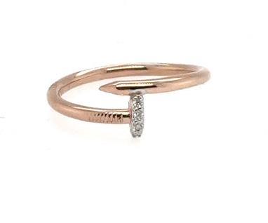 Rose gold nail-style ring with an open wrap band and pavé diamond head.
