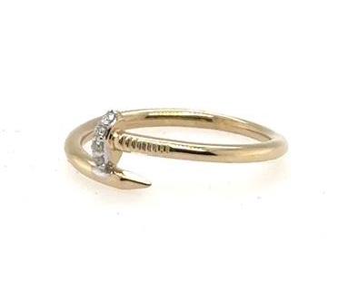 Yellow gold nail-motif ring with four small round diamonds on the curved head.