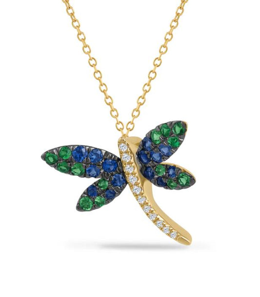 14K yellow gold dragonfly pendant with blue and green gemstone wings and diamond body on cable chain.