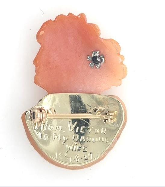 Back view of 14K yellow gold cameo brooch with pin clasp and engraved dedication.