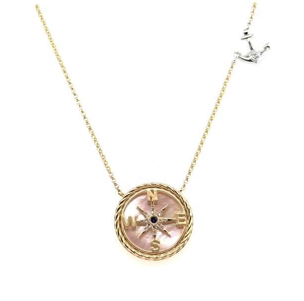 14K yellow gold rolo chain with mother-of-pearl compass pendant, sapphire center, diamond accents, and white gold anchor charm.