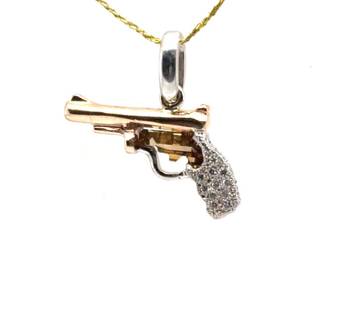 14K rose and white gold pistol pendant with brown diamond center and pavé handle.