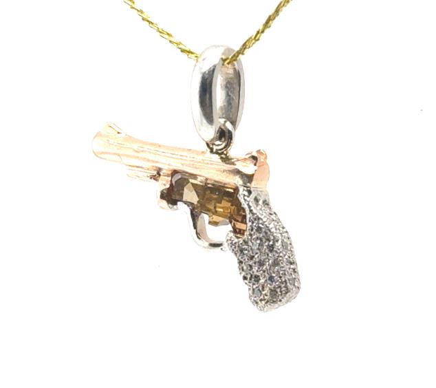 14K rose and white gold pistol pendant with brown diamond and pavé grip.