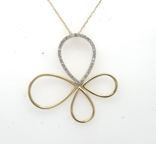 14K two-tone abstract butterfly pendant with diamond pavé loop on rope chain.