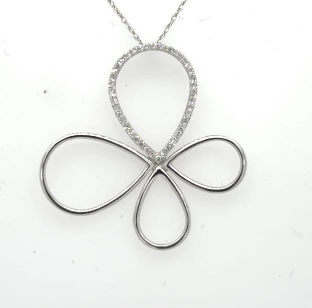 14K white gold abstract butterfly pendant with pavé diamond outline on chain.