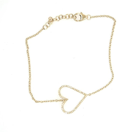 Yellow gold cable-chain bracelet with open diamond heart charm and lobster clasp.