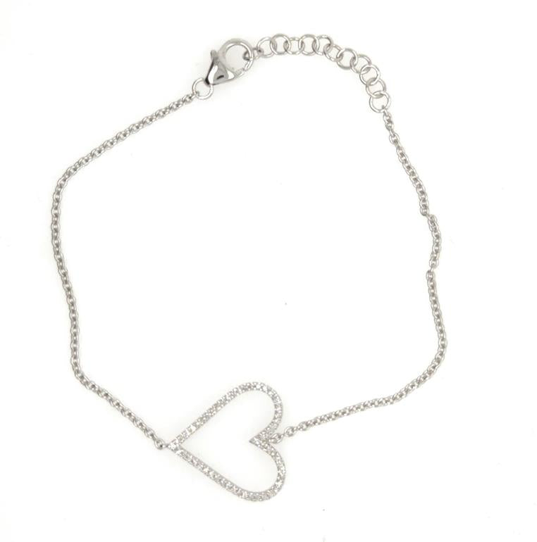 White gold cable chain bracelet with open diamond heart and lobster clasp.