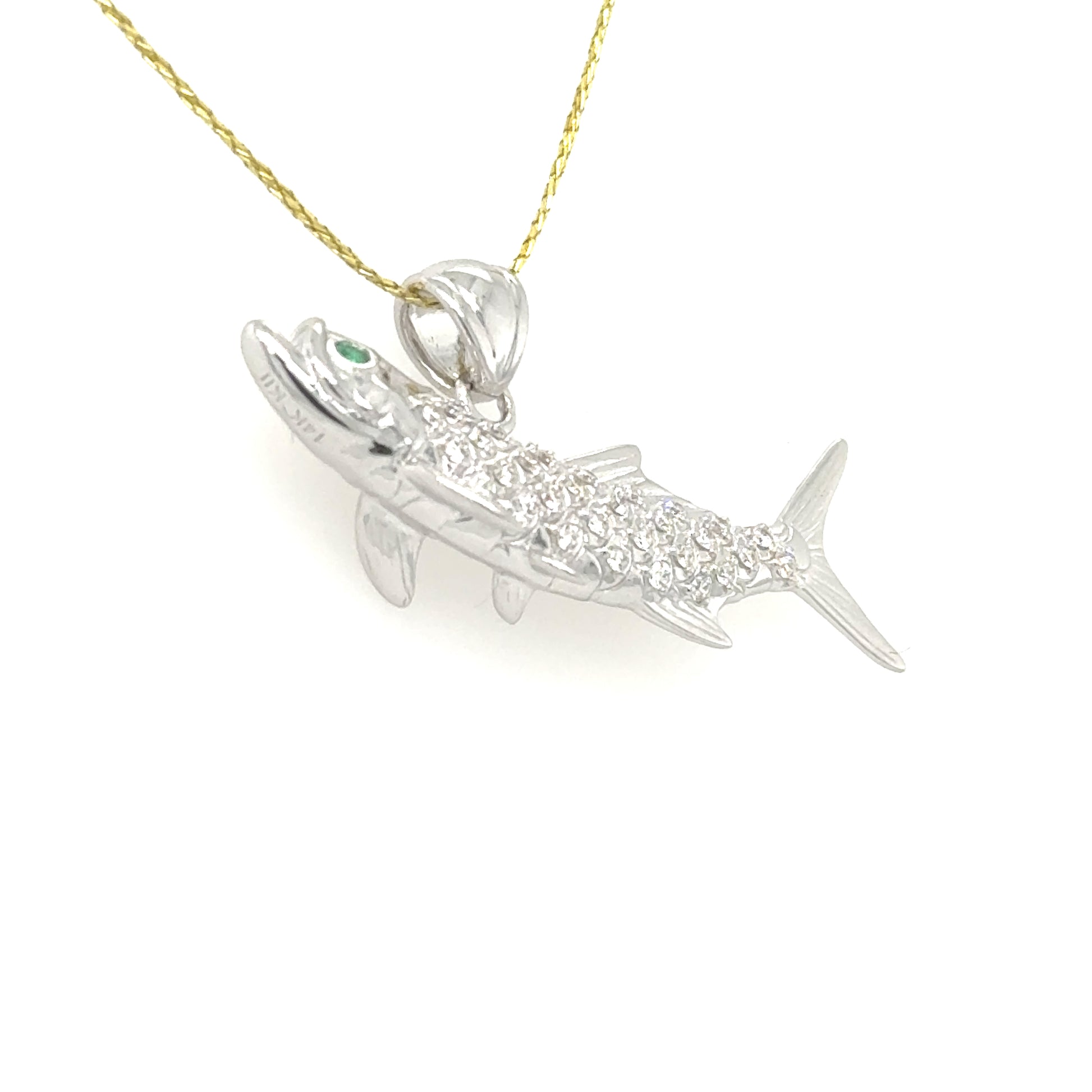 14K white gold tarpon pendant with diamond-set body and emerald eye.