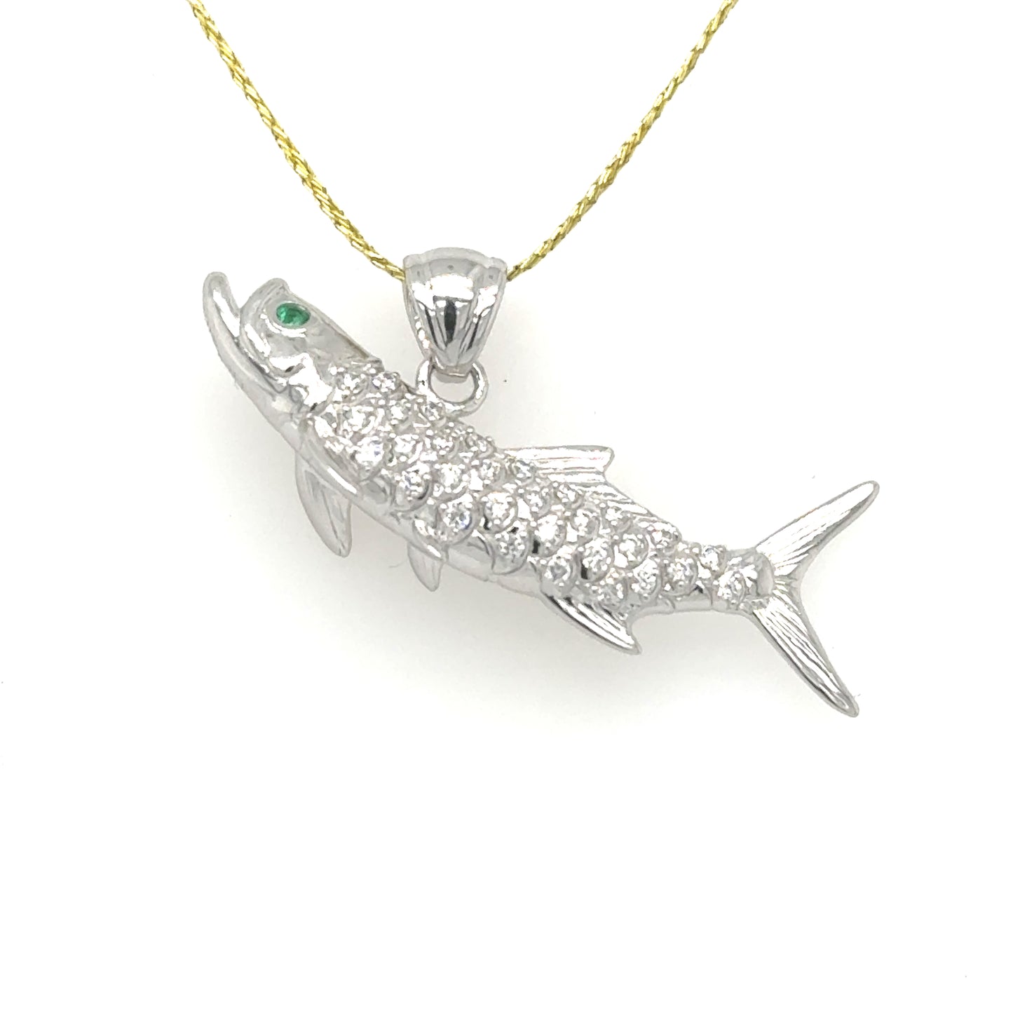 14K white gold tarpon pendant with diamond-set scales and emerald eye.
