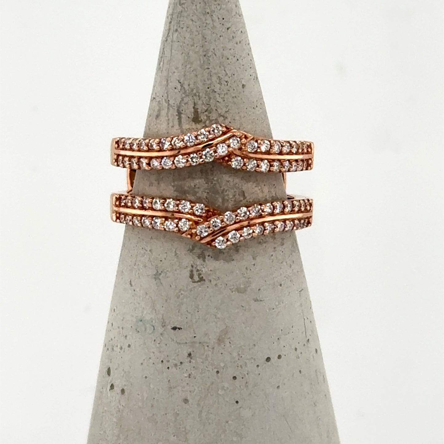 14K rose gold diamond enhancer band with two chevron-shaped, prong-set rows.
