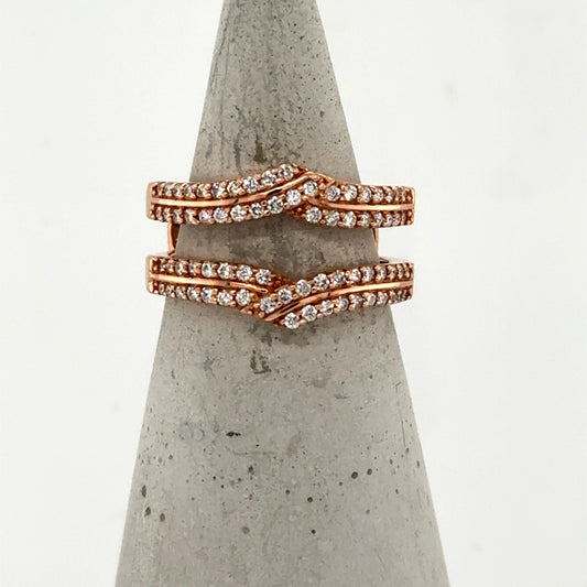 14K rose gold diamond enhancer band with two chevron-shaped, prong-set rows.