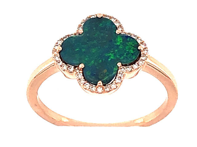 14K rose gold ring with clover-shaped green-blue opal doublet, diamond halo.