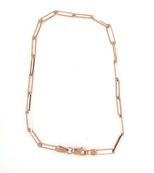Rose gold paperclip link bracelet with elongated oval links and lobster clasp.