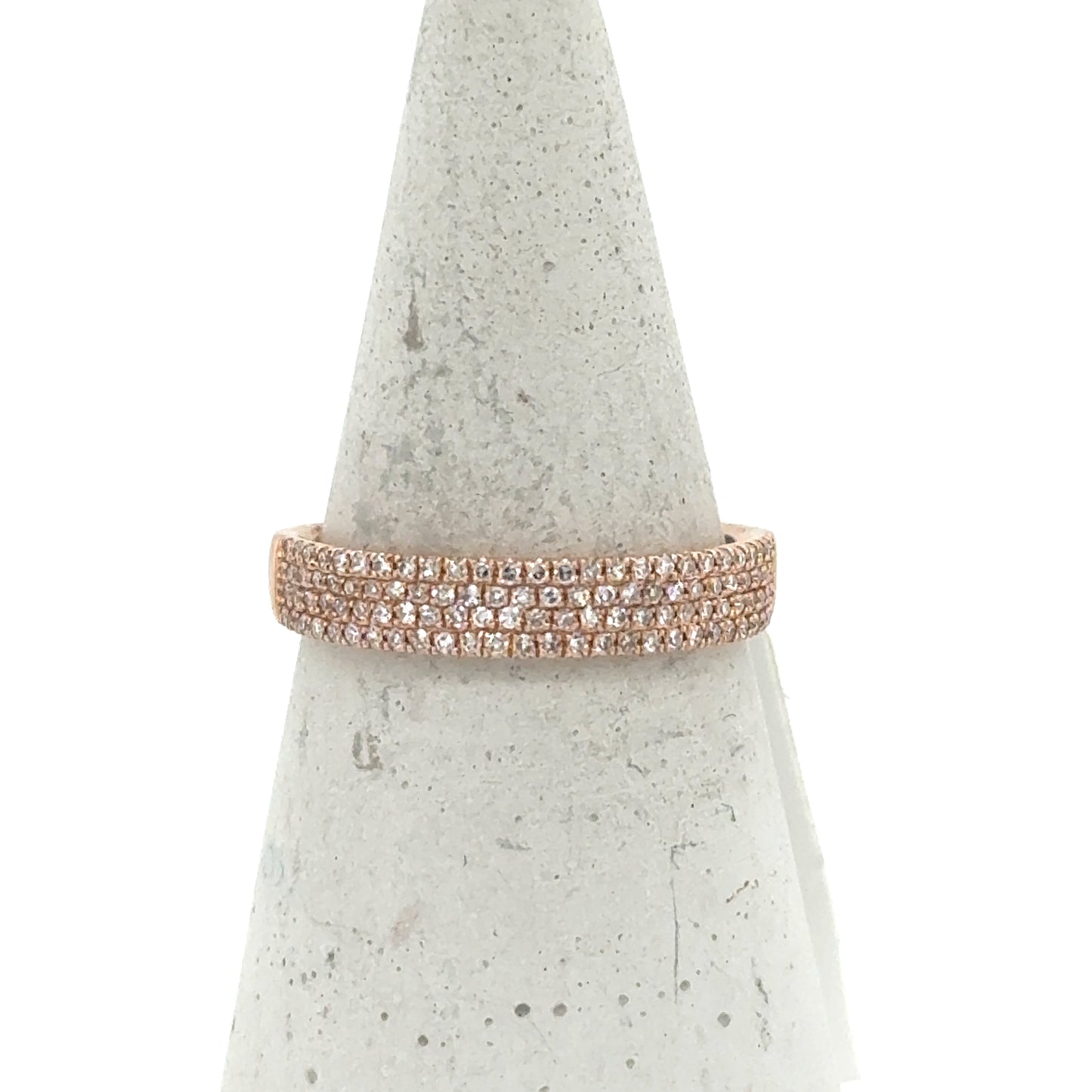 14K rose gold band with four rows of pave-set round diamonds.