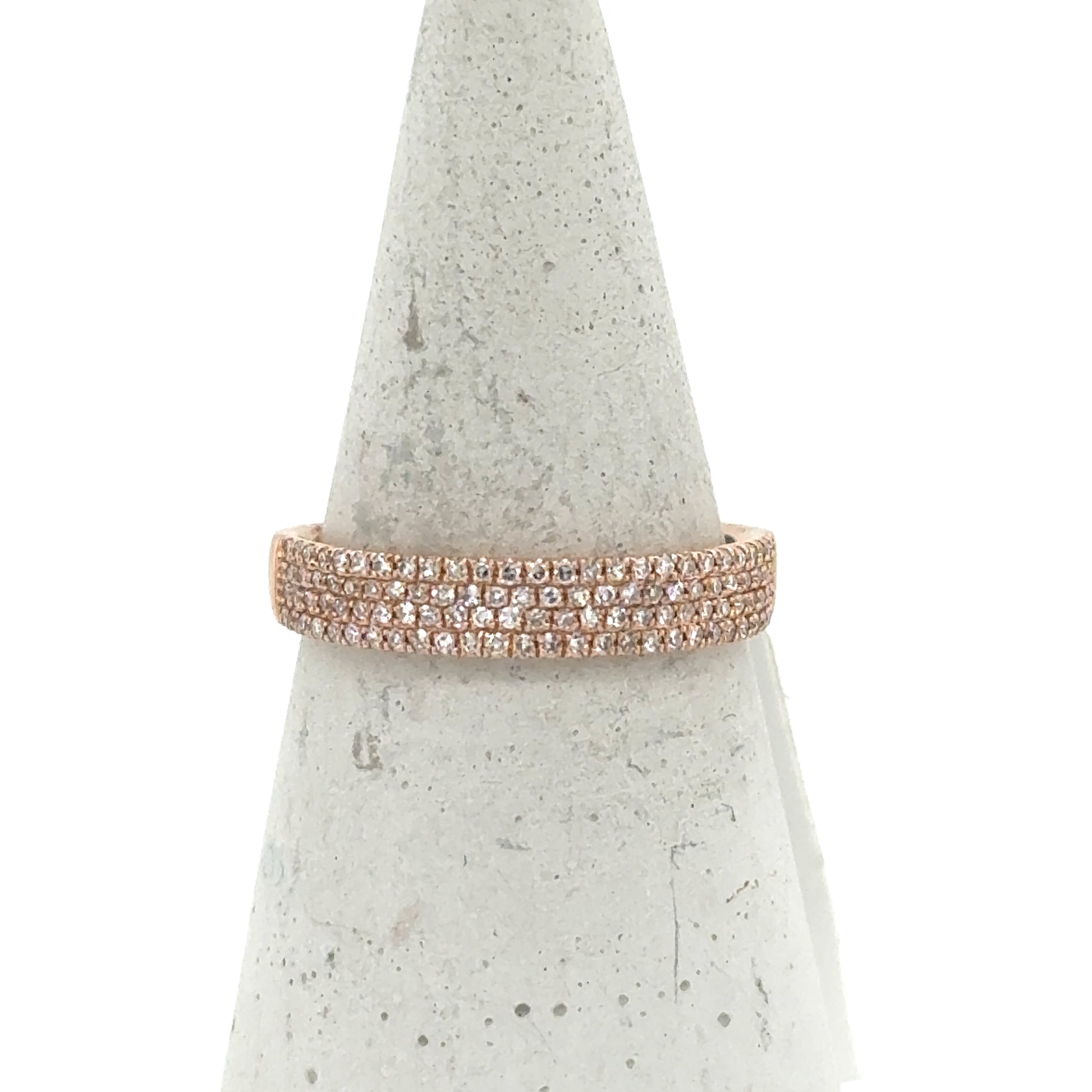 14K rose gold band with four rows of pave-set round diamonds.