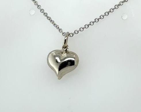 14K white gold petite puffed heart pendant on a 16-inch cable chain.