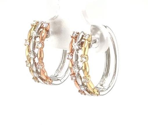 14K tri-color oval hoop earrings with prong-set round diamonds and hinged backs.