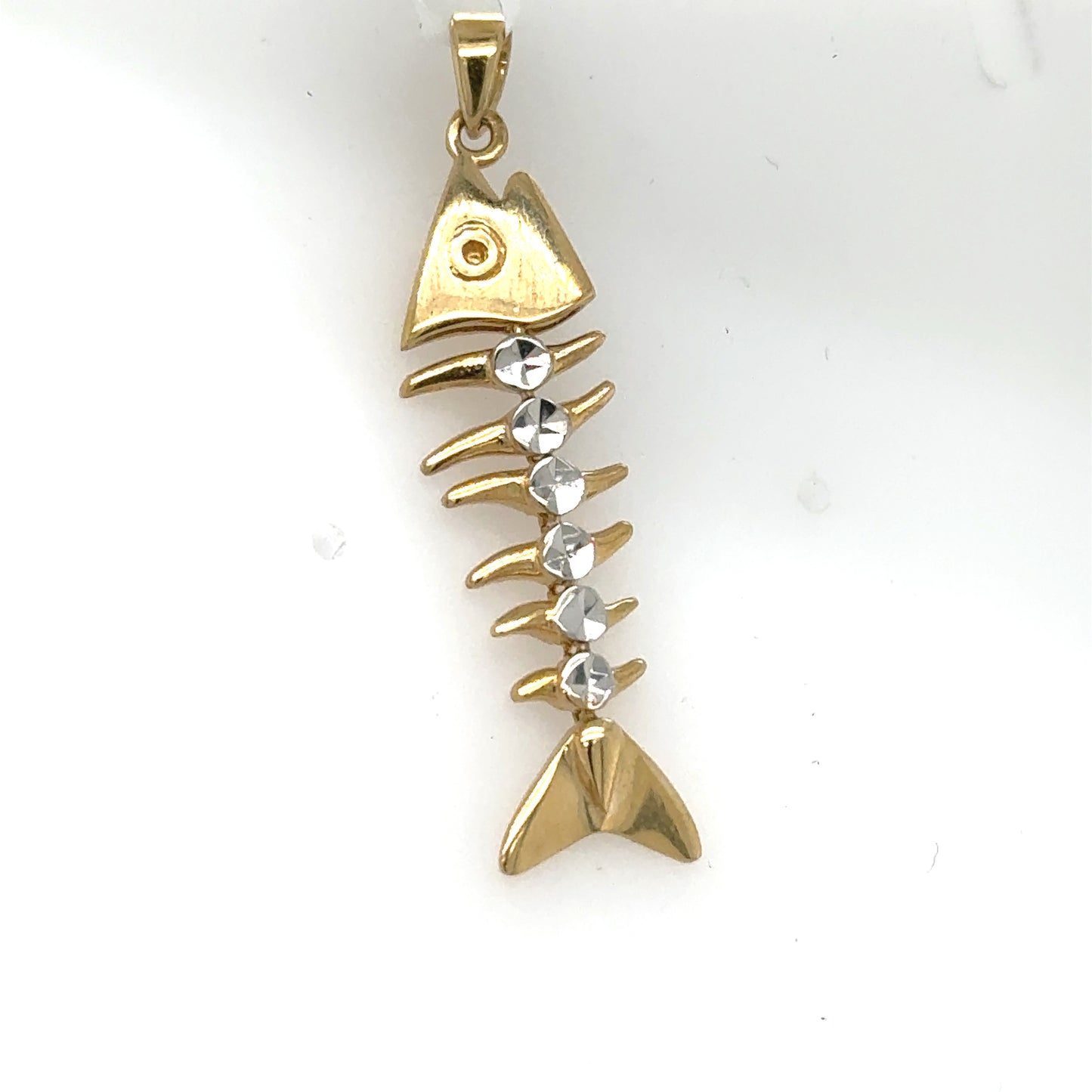 14K two-tone bonefish skeleton pendant with gold head and tail, rhodium-accented spine, plain bail.