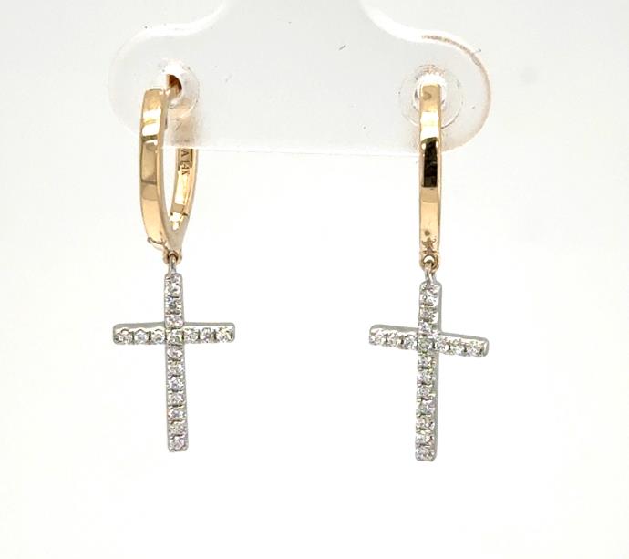 14K yellow gold hoops with dangling white gold diamond pavé cross charms.