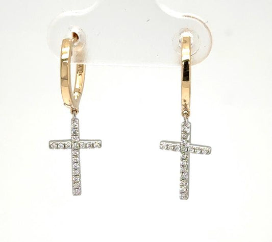 14K yellow gold hoops with dangling white gold diamond pavé cross charms.