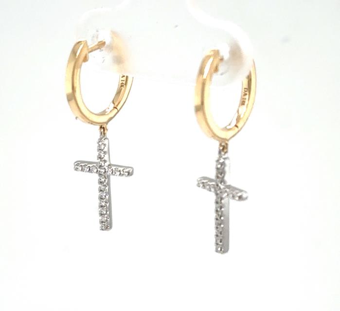 14K two-tone hoop earrings with white gold diamond cross dangles.