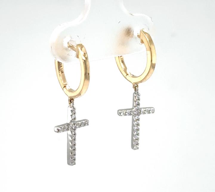 14K two-tone hoop earrings with white gold diamond cross dangles.