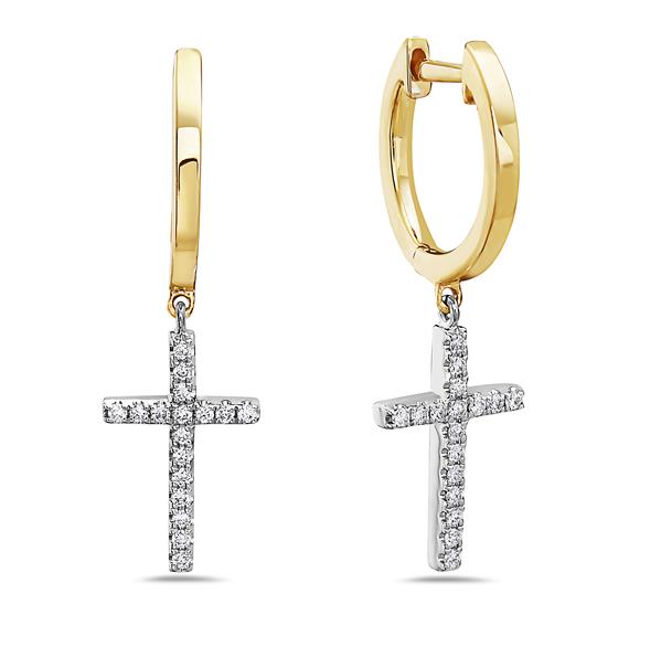 Yellow gold hoop earrings with white gold diamond pavé cross dangles.